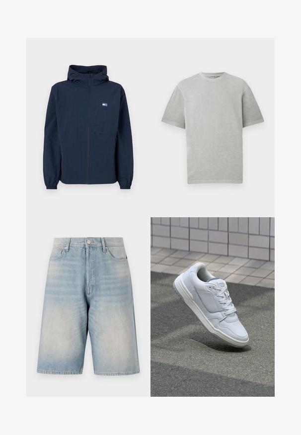 Tums zilā kapuce ar priekšējo rāvējslēdzēju, elastīgām piedurknēm, sānu kabatām un mazu taisnstūra logo kreisajā krūtī.; Gaiši pelēks t-krekls ar īsām piedurknēm un apaļu kakla izgriezumu, attēlots uz vienkārša balta fona.; Gai zilu džinsu šorti ar brīvu piegriezumu. Iekļauj pogu aizdari, jostas cilpas un divas priekšējās kabatas. Visā virsmā ir izbalējis raksts.; Baltas ādas sporta apavi ar perforētiem sāniem, teksturētām akcentiem, plakanu šņorēšanu un kontrastējošu pelēku papēdi. Iezīmē nedaudz paaugstinātu zole.