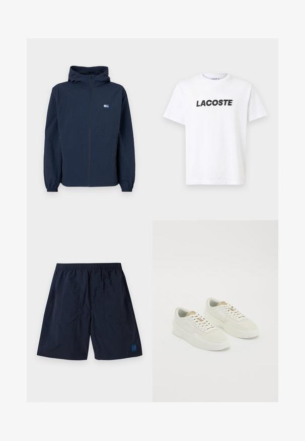 Tamno plava dukserica s kapuljačom, prednjim patentnim zatvaračem, elastičnim manžetama, bočnim dzepovima i malim pravokutnim logom na lijevoj prsnoj strani.; Bijela pamučna majica s istaknutim crnim logotipom "LACOSTE" na prsima. Kratki rukavi i dizajn s okruglim izrezom.; Tamnoplave kratke hlače izrađene od laganog materijala s elastičnim pojasom i malim četvrtastim GAP logotipom u donjem desnom kutu.; Par niz off-white niskih tenisica s bež detaljima, debelim potplatima i bijelim vezicama na jednostavnoj bijeloj pozadini.