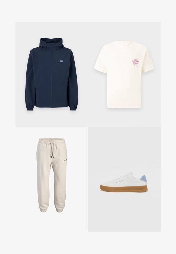 Mornarsko modra jakna s kapuco, sprednjim zadrgo, elastičnimi manšetami, stranskimi žepi in majhnim pravokotnim logotipom na levem prsnem delu.; Bela majica s kratkimi rokavi z rdečim napisom "Studio Originals Edition" na levi strani prsnega koša, prikazana na nevtralnem sivo backgroundu.; Svetlo bež hlače za prosti čas iz mehkega materiala, z elastičnim pasom in vrvico ter zoženimi manšetami. Majhna logotipna podrobnost spredaj.; Bele teniske z teksturiranim dizajnom, svetlo modrim petnim poudarkom in rjavim gumijastim podplatom. Imajo logo ob strani in klasično vezanje.