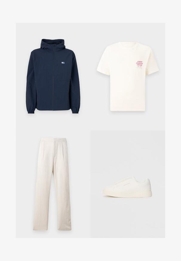 Mørkeblå hettejakke med frontglidelås, elastiske mansjetter, sidelommer, og lite rektangulært logo på venstre bryst.; Hvit T-skjorte med korte ermer og rød tekst "Studio Originals Edition" på venstre bryst, vist på en nøytral grå bakgrunn.; Lyse beige vide bukser laget av teksturert stoff, med elastisk midjebånd og to frontfolder for ekstra detalj.; Hvite slip-on joggesko med teksturert overflate, tykk såle og minimalistisk design. Har merkevarelogo på siden.