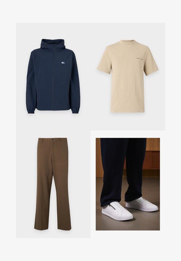 Tumesinine kapuutsiga jakk, millel on ees lukuga kinnitus, elastsed mansetid, küljetaskud ja väike ristkülikukujuline logo vasakul rinnal.; Beige puuvillane T-särk ümmarguse kaeluse ja lühikeste varrukatega. Rinnal on subtilne must "SAMSOE" teksti logo.; Pruunid sirged püksid, mis on valmistatud tekstuurist kangast, varustatud nööbiga sulgemise ja tavalise vöökohtaga, küljetaskute ning kohandatud õmblustega.; Valged tennisetooted sileda nahapinnaga, tasase tallaga ja nööridega disainiga. Küljel asuv tõmblukk lisab funktsionaalsust. Kombineeritud tumedate spordipükste jao.