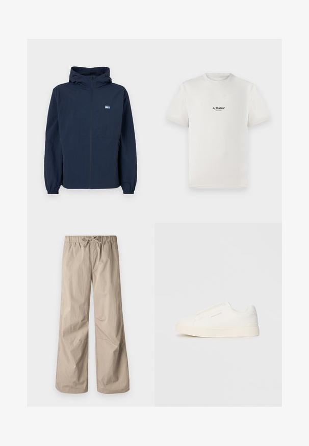 Veste à capuche bleu marine avec fermeture éclair sur le devant, poignets élastiques, poches latérales et petit logo rectangulaire sur la poitrine gauche.; T-shirt en coton blanc à manches courtes, arborant un logo noir "JJ Studios" sur la poitrine. Col rond et coupe standard.; Pantalons beiges à jambes larges avec une taille élastique et un cordon de serrage. Texture lisse, deux poches latérales et coutures minimales pour un ajustement décontracté.; Baskets blanches sans lacets avec une surface texturée, une semelle épaisse et un design minimaliste. Présente le logo de la marque sur le côté.