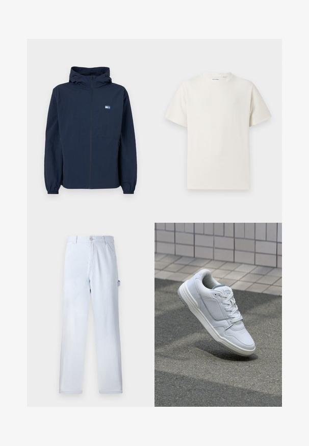 Marineblaue Kapuzenjacke mit Frontreißverschluss, elastischen Bündchen, Seitentaschen und kleinem rechteckigen Logo auf der linken Brust.; Weißes T-Shirt mit kurzen Ärmeln in gerippter Textur. Runder Ausschnitt, lockere Passform, keine sichtbaren Muster oder Akzente. Einfaches und vielseitiges Design.; Helle blau gestreifte Hose aus Baumwolle. Gerades Bein-Design, mit einem vorderen Knopfverschluss und Seitentaschen. Weicher Stoff.; Weiße Ledersneaker mit perforierten Seiten, strukturierten Akzenten, flachen Schnürsenkeln und einer kontrastierenden grauen Ferse. Verfügt über eine leicht erhöhte Sohle.