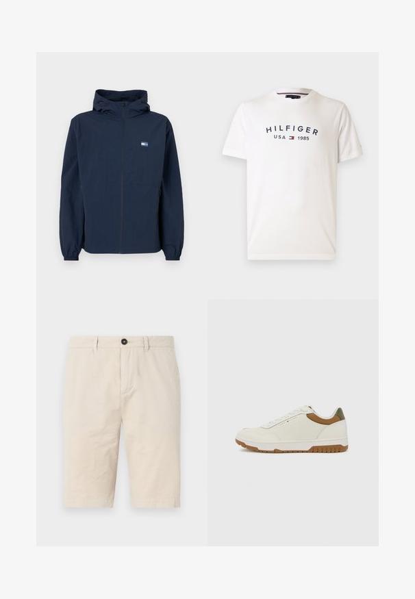 Jachetă cu glugă de culoare albastru închis, cu fermoar frontal, manșete elastice, buzunare laterale și un mic logo dreptunghiular pe partea stângă a pieptului.; Tricou din bumbac alb cu gât rotund, mâneci scurte și un logo central care spune „HILFIGER USA 1985” în albastru marin, însoțit de un emblema roșie și albastră.; Șorturi din bumbac bej, cu o croială regulară, având închidere cu nasture, buzunare frontale și margini răsucite. Textură fină, cu minimală împunsare.; Tommy Hilfiger BASKET CORE - Sneakers low - ecru/army green