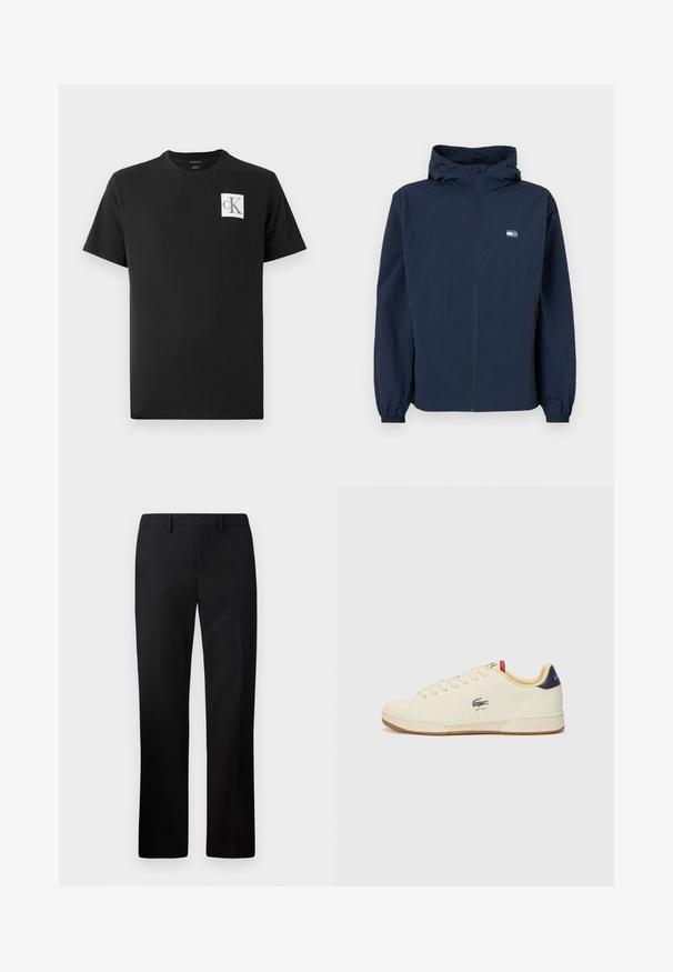 Navy blue hooded jacket with front zipper, elastic cuffs, side pockets, and small rectangular logo on left chest.; Black cotton t-shirt with short sleeves and a crew neck. Features a white square logo with "CK" in black on the left chest.; Black tailored trousers with a straight leg design, made from smooth fabric. Features include a flat front and mid-rise waistband.; Lacoste sneaker in cream leather with a textured finish. Features a rubber sole, lace-up front, navy heel, and embroidered logo.