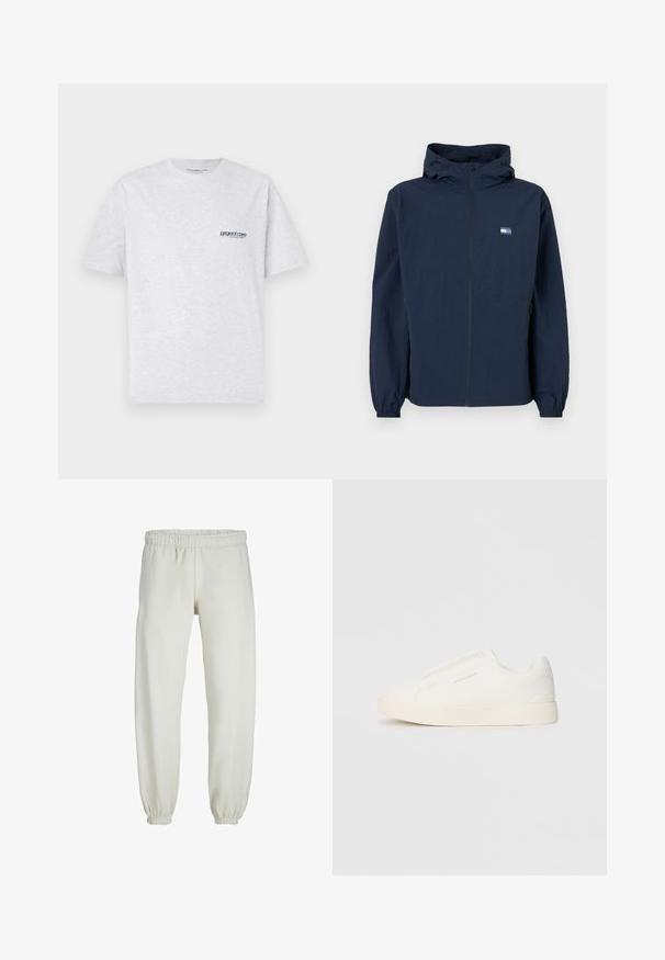 Marineblå hættetrøje med frontlynlås, elastiske ærmer, sidelommer og lille rektangulært logo på venstre bryst.; Grå t-shirt med korte ærmer, der har et lille blåt "project core" logo på venstre side af brystet, præsenteret på en ensfarvet baggrund.; Hvide sweatpants lavet af blødt stof, med elastisk talje og håndled, der har en glat tekstur og løs pasform.; Hvide slip-on sneakers med en struktureret overflade, en tyk sål og et minimalistisk design. Har brandlogoet på siden.