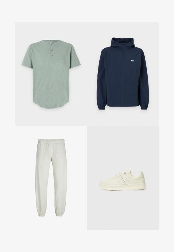 Tamsiai mėlyna striukė su kapišonu, priekyje su užtrauktuku, elastinėmis rankovėmis, šoninėmis kišenėmis ir mažu stačiakampiu logotipu kairėje krūtinės pusėje.; Mėtų žalios spalvos trumpomis rankovėmis henley marškiniai, pagaminti iš minkštos medžiagos, su apvaliu iškirpimu ir trimis mygtukais, turinčiais suapvalintą apačią.; Baltos sportinės kelnės, pagamintos iš minkštos medžiagos, su elastinga juosmeniu ir rankogaliais, turinčios lygią tekstūrą ir laisvą siluetą.; Kremo spalvos sportbačiai su perforuotomis detalėmis, raišteliais ir logotipu šone, išdėstyti prieš paprastą baltą foną.