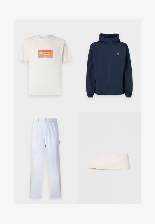 Jachetă cu glugă de culoare albastru închis, cu fermoar frontal, manșete elastice, buzunare laterale și un mic logo dreptunghiular pe partea stângă a pieptului.; Tricou din bumbac de culoare bej deschis, cu un grafic rectangular de logo în nuanțe de portocaliu și crem, având textul "JACK&JONES". Mâneci scurte, guler rotund.; Pantaloni de bumbac raiati de culoare bleu deschis. Design cu picioare drepte, dotati cu un închidere frontală cu nasture și buzunare laterale. Textură moale.; Tenisi albi slip-on cu o suprafață texturată, talpă groasă și un design minimalist. Prezintă logo-ul brandului pe lateral.