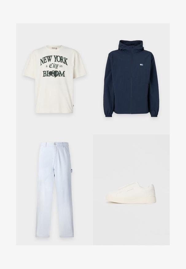 Navy blue hooded jacket with front zipper, elastic cuffs, side pockets, and small rectangular logo on left chest.; Cream-colored cotton t-shirt with short sleeves, featuring a printed design saying "NEW YORK a City in BLOOM" in dark green.; Light blue striped trousers made of cotton. Straight-leg design, featuring a front button closure and side pockets. Soft texture.; White slip-on sneakers with a textured surface, a thick sole, and minimalistic design. Features brand logo on the side.