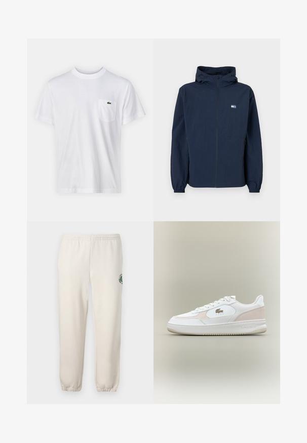 Casaco com capuz azul-marinho, com fecho à frente, punhos elásticos, bolsos laterais e um pequeno logótipo retangular no lado esquerdo do peito.; T-shirt de algodão branco com decote redondo e mangas curtas. Apresenta um bolso no lado esquerdo do peito e um pequeno logótipo verde da Lacoste.; Sweatpants beige claros feitos de algodão, com um cós elástico, punhos canelados e um logótipo verde com desenho de folha na perna esquerda.; Tênis brancos com upper de couro liso, detalhes em camurça e sola de borracha. Apresenta logotipo em relevo e design com cadarço. Estética minimalista.