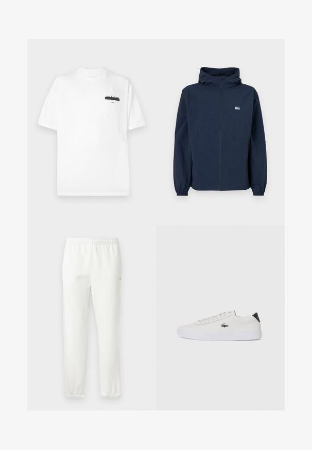 Veste à capuche bleu marine avec fermeture éclair sur le devant, poignets élastiques, poches latérales et petit logo rectangulaire sur la poitrine gauche.; T-shirt en coton blanc avec un col rond, des manches courtes et un graphique noir minimaliste imprimé sur la poitrine. Texture douce et coupe standard.; Pantalons de survêtement en coton blanc avec une taille élastique et des jambes fuselées. Présente un petit logo sur le côté. Texture douce, design minimal.; Baskets en cuir blanc avec bout rond, devant à lacets et accent en cuir noir au talon. Présente un petit logo de crocodile brodé sur le côté.