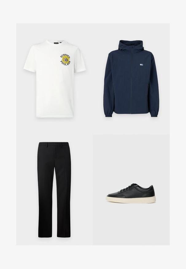 Marineblå hættetrøje med frontlynlås, elastiske ærmer, sidelommer og lille rektangulært logo på venstre bryst.; Hvid bomulds T-shirt med et grafisk design af en solsikke med solbriller og teksten "SUNNIES POOLBAR" i sort og gul.; Sorte skræddersyede bukser med lige ben-design, lavet af glat stof. Funktioner inkluderer en flad front og mid-rise talje.; Sort lavt top lædersneaker med sorte snørebånd og off-white sål vist i sideprofil på hvid baggrund.