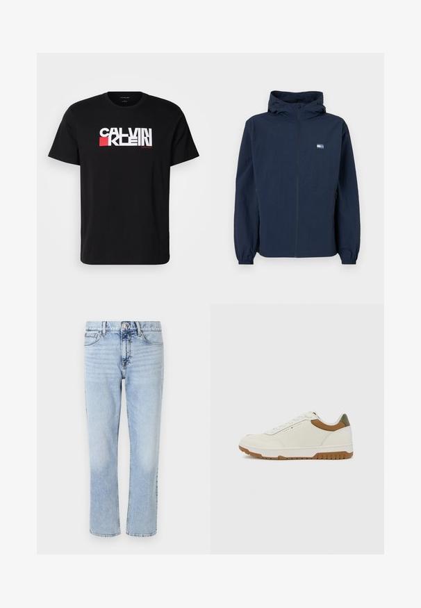 Mørkeblå hettejakke med frontglidelås, elastiske mansjetter, sidelommer, og lite rektangulært logo på venstre bryst.; Svart bomulls t-skjorte med iøynefallende hvit og rød "CALVIN KLEIN" logo over brystet. Korte ermer og rund hals.; Lyseblå denimjeans med rett ben-design, fem lommer, knapp- og glidelås-stenging, og subtil falming på stoffet.; Tommy Hilfiger BASKET CORE - Joggesko - ecru/army green