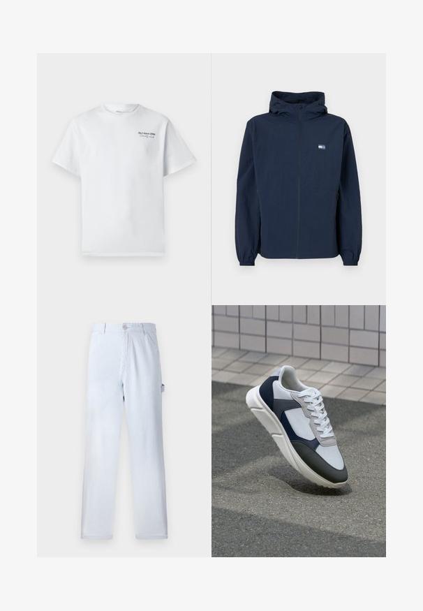 Marineblå hættetrøje med frontlynlås, elastiske ærmer, sidelommer og lille rektangulært logo på venstre bryst.; Hvid bomulds t-shirt med korte ærmer, rund halsudskæring, med et lille sort tekstlogo "J&J since 1990 Society Club" på brystet.; Lysblå stribede bukser lavet af bomuld. Lige ben design med knaplukning foran og sidelommer. Blød tekstur.; Hvide, marineblå og grå sneakers med et design i blandede materialer, der har en tekstureret overdel, flade snørebånd og en polstret sål.