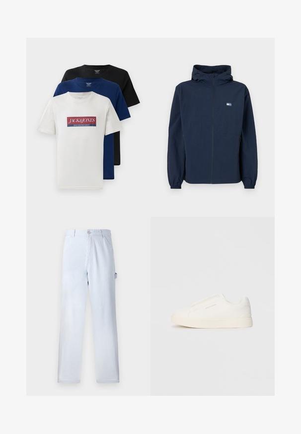 Mornarsko modra jakna s kapuco, sprednjim zadrgo, elastičnimi manšetami, stranskimi žepi in majhnim pravokotnim logotipom na levem prsnem delu.; Tri zgoraj nameščene kratke rokave majice s krožnim ovratnikom v beli barvi z rdečim in modrim logotipom, temno modra in črna, prikazane na beli podlagi.; Svetlo modri prugasti hlače iz bombaža. Oblika naravnost nogavic, z sprednjo zaponko in stranskimi žepi. Mehka tekstura.; Bele zapete brez vezalk z teksturirano površino, debelim podplatom in minimalističnim dizajnom. Na strani se nahaja logotip blagovne znamke.