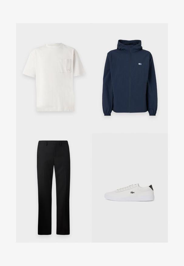 Casaco com capuz azul-marinho, com fecho à frente, punhos elásticos, bolsos laterais e um pequeno logótipo retangular no lado esquerdo do peito.; T-shirt branca de algodão com decote redondo, mangas curtas e um bolso no lado esquerdo do peito, apresentando um bordado discreto do logótipo. Textura suave.; Calças pretas sob medida com um design de perna reta, feitas de um tecido suave. Inclui uma frente lisa e uma cintura de altura média.; Sapatilha de couro branco com biqueira arredondada, atacadores na frente e detalhe preto no calcanhar. Apresenta um pequeno logótipo de crocodilo bordado na lateral.