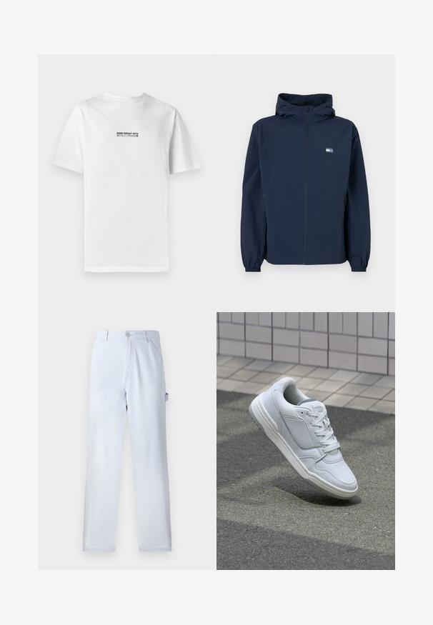 Navy blue hooded jacket with front zipper, elastic cuffs, side pockets, and small rectangular logo on left chest.; White cotton T-shirt with short sleeves, featuring a black graphic text: "SHINE BRIGHT WITH METALLIC DREAMS" on the front center.; Light blue striped trousers made of cotton. Straight-leg design, featuring a front button closure and side pockets. Soft texture.; White leather sneaker with perforated sides, textured accents, flat laces, and a contrasting gray heel. Features a slightly elevated sole.