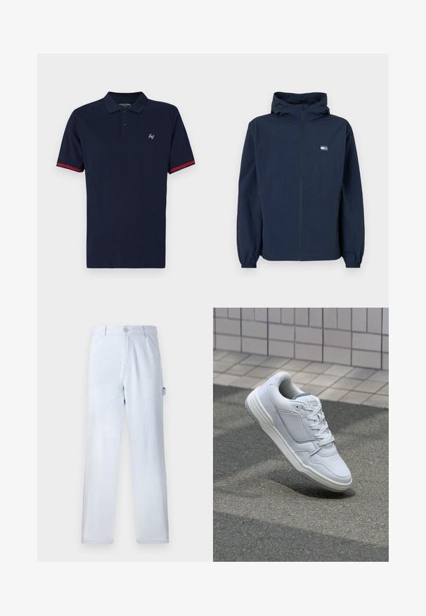 Mørkeblå hettejakke med frontglidelås, elastiske mansjetter, sidelommer, og lite rektangulært logo på venstre bryst.; Marineblå polo skjorte i bomull med korte ermer, to-knapp pløtt, rød kantdetalj på ermene, og brodert logo på brystet.; Lyseblå stripete bukser laget av bomull. Rett ben-design, med knappelukking foran og sidelommer. Myk tekstur.; Hvite lær sneakers med perforerte sider, teksturerte detaljer, flate lisser og en kontrasterende grå hæl. Har en lite hevet såle.
