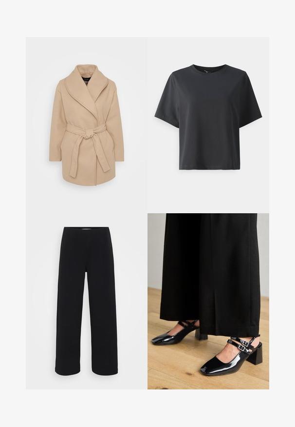 Béžový vlněný kabát s širokým šálovým límcem, dlouhými rukávy, předními kapsami a zavázaným páskem v pase.; Černé bavlněné tričko, krátké rukávy, kulatý výstřih, volný střih, hladká textura, jednoduchý design, bez vzorů nebo akcentů.; Černé kalhoty s širokými nohavicemi a elastickým pasem. Vyrobené z texturovaného materiálu, mají volný střih a rovný zakončení od boků až po lem.; Černé lakované slingback boty se čtvercovými špičkami, s dvojitými nastavitelnými pásky kolem kotníků a blokovými podpatky. Hladký, lesklý povrch.