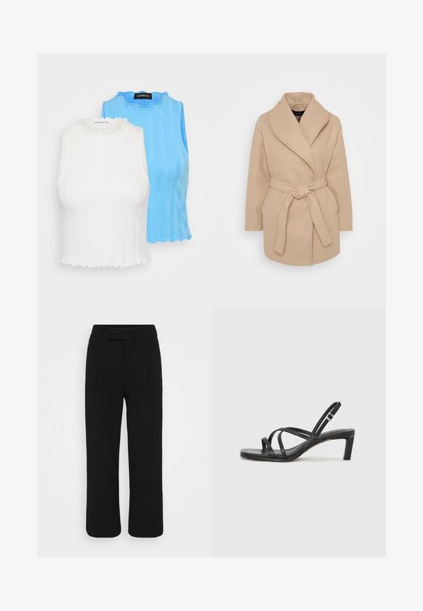 Bežinis vilnonis apsiaustas su plačia šalikine apykakle, ilgomis rankovėmis, priekinių kišenių ir surišamu diržu juosmens srityje.; Du striukės be rankovių: viena balta, kita šviesiai mėlyna. Abi turi bronzinius raštus, banguotas iškirptes ir prigludusią fasoną.; Juodos plačios kelnės, pagamintos iš sklandžios medžiagos, turinčios lygią priekinę dalį, diržo kilpas ir nematomus kišenių. Švarus, pritaikytas dizainas.; Juodi šlepetės su kvadratiniu pirštu ir žemu bloku kulnu. Yra keli ploni dirželiai ir reguliuojamas kulkšnies diržas. Pagaminti iš lygios odos.