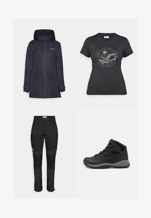 Laivasilakan värinen vedenpitävä parka-takki, jossa on huppu, etuvetoketju, kaksi suurta etutaskua ja logo vasemman ylärinnan alueella.; Musta Columbia T-paita, jossa on valkoinen ympyrämuotoinen vuori- ja joki-viivataide sekä teksti "Columbia Sportswear Company Ulkona vuodesta 1938."; Fjällräven KEB AGILE TROUSERS - Ulkohousut - black; Musta vaelluskenkä, jossa on puolivartinen muotoilu, jolle on ominaista teksturoitu päällinen, harmaat yksityiskohdat ja kestävä kumipohja, jossa on pitoita lisääviä lukuja.