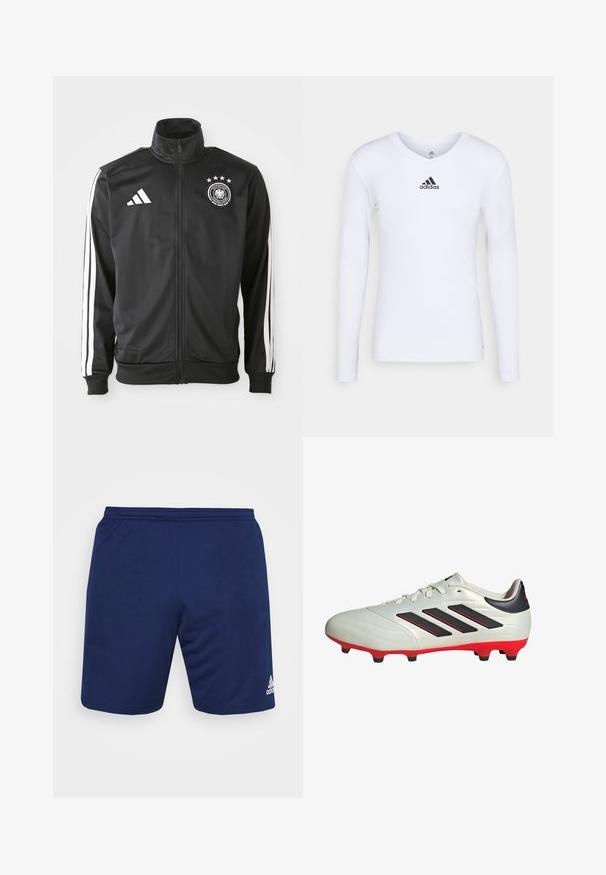 Zwarte sportjack gemaakt van gladde stof, met witte drie-strepen accenten op de mouwen, een hoge kraag en een Duits voetballogo met sterren.; Witte sportshirt met lange mouwen, gemaakt van glad materiaal, met een zwart Adidas-logo op de borst; V-halsontwerp en een getailleerde pasvorm.; Mariene sportshorts gemaakt van ademende stof. Voorzien van een elastische tailleband en het Adidas-logo in wit aan de onderzijde rechts.; Witte voetbalschoen met zwarte accenten en een rode zool. Heeft drie zwarte strepen aan de zijkant en een gladde, textuur bovenkant.