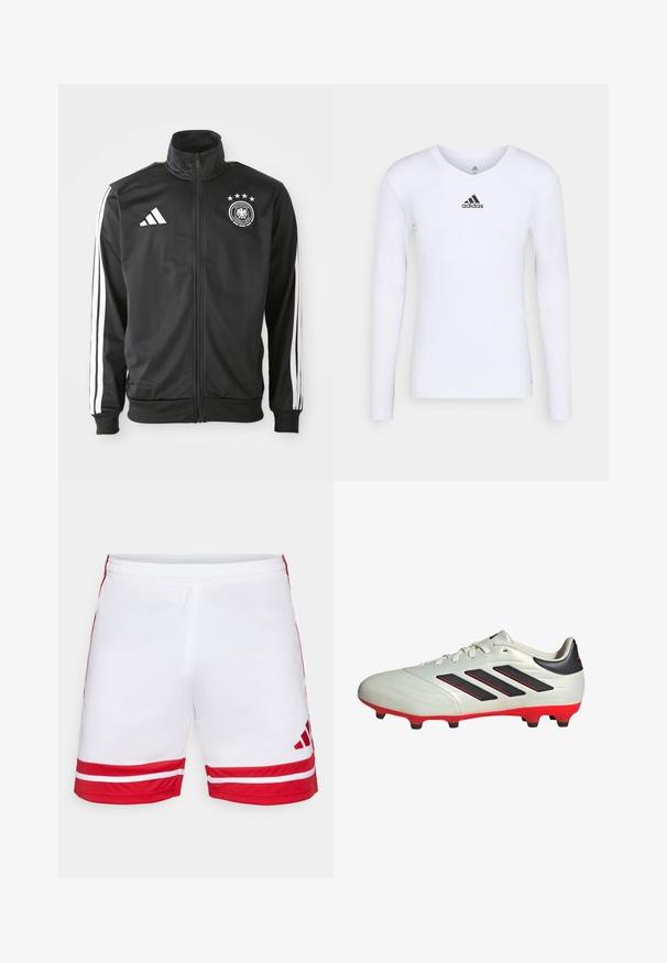 Chaqueta deportiva negra hecha de tela suave, con acentos de tres rayas blancas en las mangas, un cuello alto y un logo de fútbol alemán con estrellas.; Camiseta deportiva de manga larga blanca, fabricada con material suave, que presenta un logo negro de Adidas en el pecho; diseño de cuello en V y forma ajustada.; Pantalones cortos deportivos blancos con acentos rojos, que presentan dos franjas rojas horizontales en el dobladillo, cinturilla elástica y un logotipo en la esquina inferior derecha.; Botas de fútbol blancas con acentos negros y suela roja. Presentan tres rayas negras en el lateral y una parte superior de textura suave.