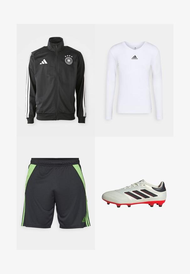 Giacca sportiva nera in tessuto liscio, con accenti bianchi a tre strisce sulle maniche, un colletto alto e un logo calcistico tedesco con stelle.; Maglietta atletica bianca a maniche lunghe realizzata in materiale morbido con logo Adidas nero sul petto; design a V e forma aderente.; Pantaloni sportivi neri con accenti laterali e strisce verdi. Realizzati in materiale leggero, presentano un cinturino elastico per il massimo comfort.; Scarpa da calcio bianca con accenti neri e suola rossa. Presenta tre strisce nere sul lato e una tomaia liscia e testurizzata.