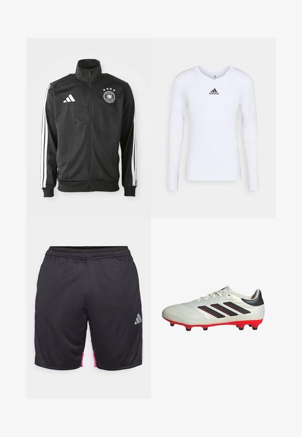 Chaqueta deportiva negra hecha de tela suave, con acentos de tres rayas blancas en las mangas, un cuello alto y un logo de fútbol alemán con estrellas.; Camiseta deportiva de manga larga blanca, fabricada con material suave, que presenta un logo negro de Adidas en el pecho; diseño de cuello en V y forma ajustada.; Pantalones cortos deportivos negros con cinturilla elástica, detalles en rosa en los costados y logo plateado de Adidas en la parte inferior derecha delantera.; Botas de fútbol blancas con acentos negros y suela roja. Presentan tres rayas negras en el lateral y una parte superior de textura suave.