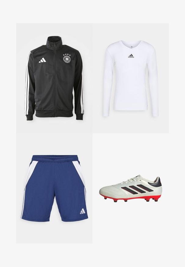 Schwarze Sportjacke aus glattem Stoff, mit weißen drei Streifen Akzenten an den Ärmeln, einem hohen Kragen und einem deutschen Fußball-Logo mit Sternen.; Langärmliges weißes Sportshirt aus glattem Material mit einem schwarzen Adidas-Logo auf der Brust; V-Ausschnitt-Design und figurbetonte Form.; Navy Sportshorts mit weißen Seitenpanelen, elastischem Bund und Logoplavierung am unteren Saum. Hergestellt aus leichtem, atmungsaktivem Material.; Weißer Fußballschuh mit schwarzen Akzenten und roter Sohle. Verfügt über drei schwarze Streifen an der Seite und ein glattes Obermaterial.
