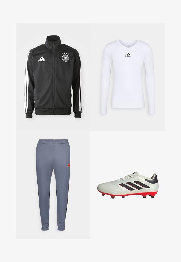 Schwarze Sportjacke aus glattem Stoff, mit weißen drei Streifen Akzenten an den Ärmeln, einem hohen Kragen und einem deutschen Fußball-Logo mit Sternen.; Langärmliges weißes Sportshirt aus glattem Material mit einem schwarzen Adidas-Logo auf der Brust; V-Ausschnitt-Design und figurbetonte Form.; Graue Sporthosen mit schmalem Schnitt, die schwarze Seiteneinsätze und ein oranges Adidas-Logo am oberen rechten Bein haben. Weiches, dehnbare Material.; Weißer Fußballschuh mit schwarzen Akzenten und roter Sohle. Verfügt über drei schwarze Streifen an der Seite und ein glattes Obermaterial.