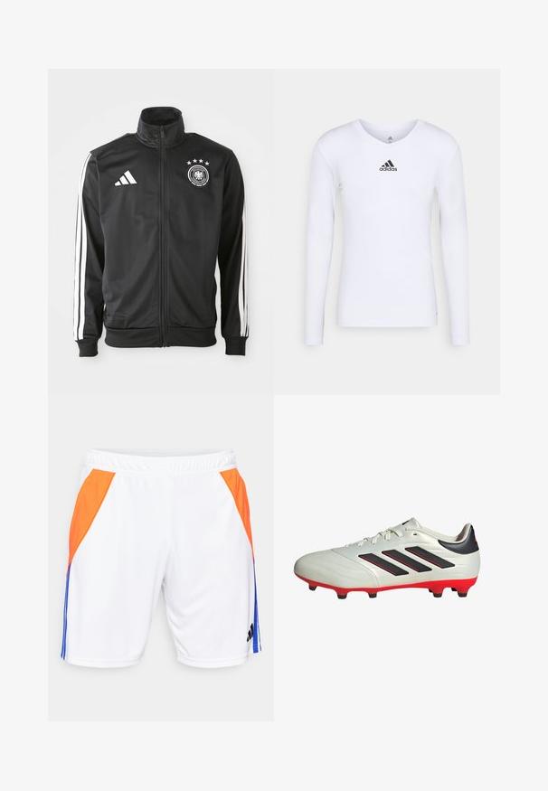 Chaqueta deportiva negra hecha de tela suave, con acentos de tres rayas blancas en las mangas, un cuello alto y un logo de fútbol alemán con estrellas.; Camiseta deportiva de manga larga blanca, fabricada con material suave, que presenta un logo negro de Adidas en el pecho; diseño de cuello en V y forma ajustada.; adidas Performance TIRO24 TRAINING SHORT - Pantalón corto de deporte - white/lucid blue/app solar red; Botas de fútbol blancas con acentos negros y suela roja. Presentan tres rayas negras en el lateral y una parte superior de textura suave.