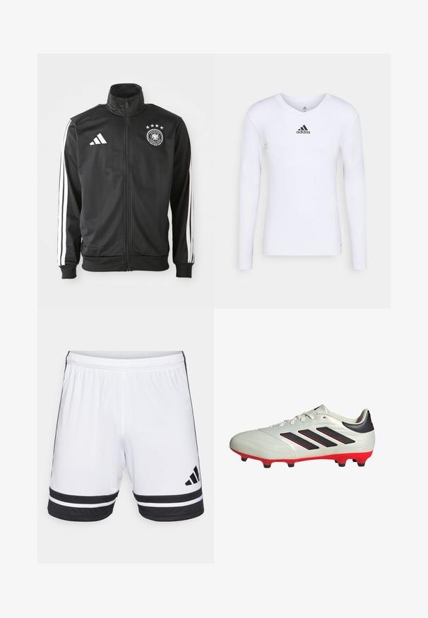 Schwarze Sportjacke aus glattem Stoff, mit weißen drei Streifen Akzenten an den Ärmeln, einem hohen Kragen und einem deutschen Fußball-Logo mit Sternen.; Langärmliges weißes Sportshirt aus glattem Material mit einem schwarzen Adidas-Logo auf der Brust; V-Ausschnitt-Design und figurbetonte Form.; Weiße Sportshorts mit schwarzen horizontalen Streifen am Saum und dem schwarzen Adidas-Logo. Elastischer Bund für eine verstellbare Passform.; Weißer Fußballschuh mit schwarzen Akzenten und roter Sohle. Verfügt über drei schwarze Streifen an der Seite und ein glattes Obermaterial.