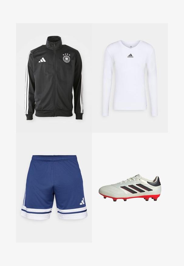 Chaqueta deportiva negra hecha de tela suave, con acentos de tres rayas blancas en las mangas, un cuello alto y un logo de fútbol alemán con estrellas.; Camiseta deportiva de manga larga blanca, fabricada con material suave, que presenta un logo negro de Adidas en el pecho; diseño de cuello en V y forma ajustada.; Pantalones cortos deportivos azul marino, hechos de material liviano, con detalles de rayas blancas y azules en el dobladillo y una cinturilla elástica.; Botas de fútbol blancas con acentos negros y suela roja. Presentan tres rayas negras en el lateral y una parte superior de textura suave.