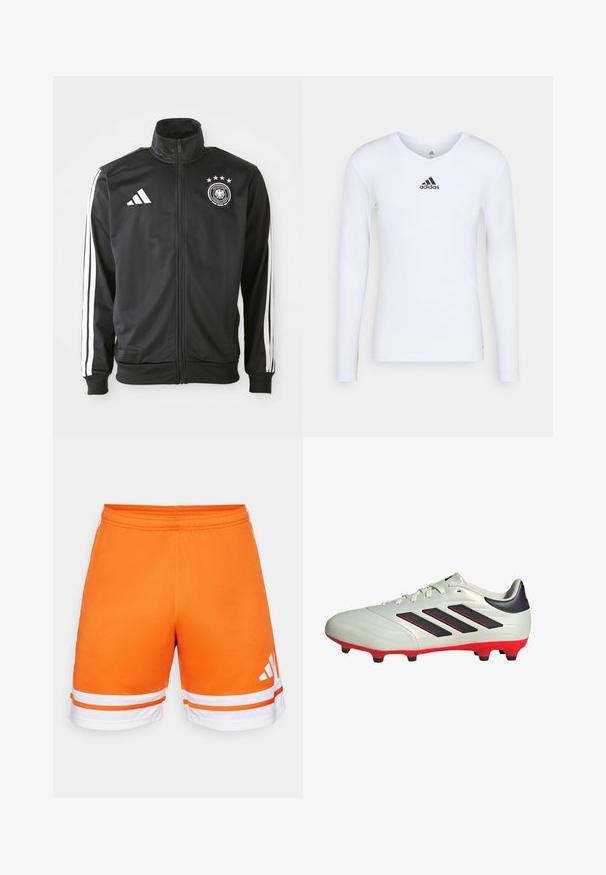 Schwarze Sportjacke aus glattem Stoff, mit weißen drei Streifen Akzenten an den Ärmeln, einem hohen Kragen und einem deutschen Fußball-Logo mit Sternen.; Langärmliges weißes Sportshirt aus glattem Material mit einem schwarzen Adidas-Logo auf der Brust; V-Ausschnitt-Design und figurbetonte Form.; Orange Sportshorts mit glatter Textur, elastischem Bund und weißen Streifen am Saum. Drei Streifen-Logo in Weiß an der Seite.; Weißer Fußballschuh mit schwarzen Akzenten und roter Sohle. Verfügt über drei schwarze Streifen an der Seite und ein glattes Obermaterial.