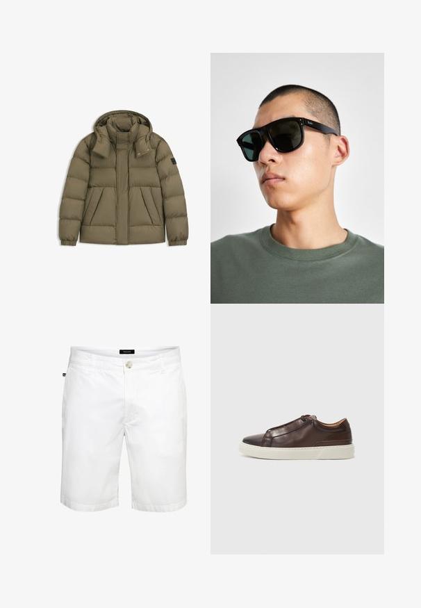 Padded olive green jacket with a hood, featuring a high collar, zip closure, side pockets, and elastic cuffs. Smooth, weather-resistant fabric.; BOSS JOE KENT - Formal shirt - open white eleven; White cotton shorts with a straight cut, featuring a front button closure and standard pockets, smooth texture, and a clean design.; Brown leather sneaker with a rounded toe, contrasting white rubber sole, stitched accents, and no visible laces. Smooth texture overall.; Black rectangular sunglasses with dark lenses, featuring a distinctive shape and branding on the temple. Worn by a person in a green shirt.