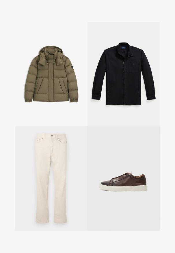 Giacca imbottita verde oliva con cappuccio, dotata di un alto colletto, chiusura con zip, tasche laterali e polsini elasticizzati. Tessuto liscio e resistente alle intemperie.; Giacca nera in tessuto leggero, con zip davanti, colletto a punta e taschino sul petto sinistro con logo. Maniche lunghe con dettagli ai polsini.; Jeans beige in misto cotone con design a gamba dritta. Presentano una chiusura frontale con bottone e zip, cinque tasche e dettagli di cucitura discreti.; Sneaker in pelle marrone con punta arrotondata, suola in gomma bianca a contrasto, dettagli cuciti e nessun lace visibile. Texture complessiva liscia.