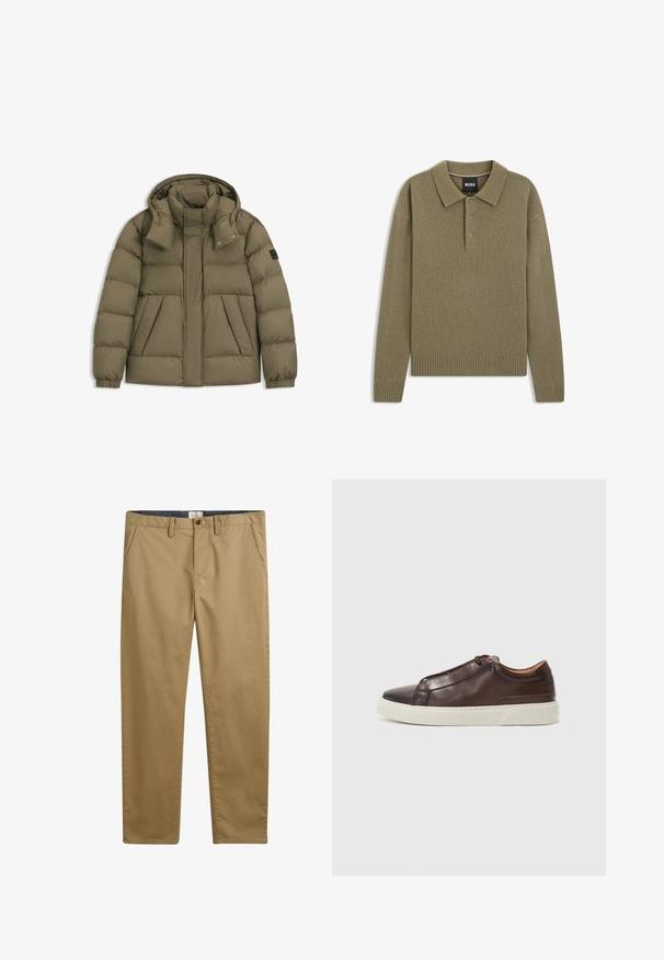 Vadderad olivgrön jacka med huva, med en hög krage, dragkedjestängning, sidofickor och elastiska manschetter. Slät, väderbeständig tyg.; Olivgrönstickad långärmad polo med krage, treknapplista och ribbade muddar och fåll. Mjuk textur genom hela plagget.; Khaki bomullbyxor med rak passform, featuring sidofickor, knäppning med knapp och en strukturerad tyg.; Brun läder sneakers med rund tå, kontrasterande vit gummisula, sydda detaljer och inga synliga snören. Slät yta overall.