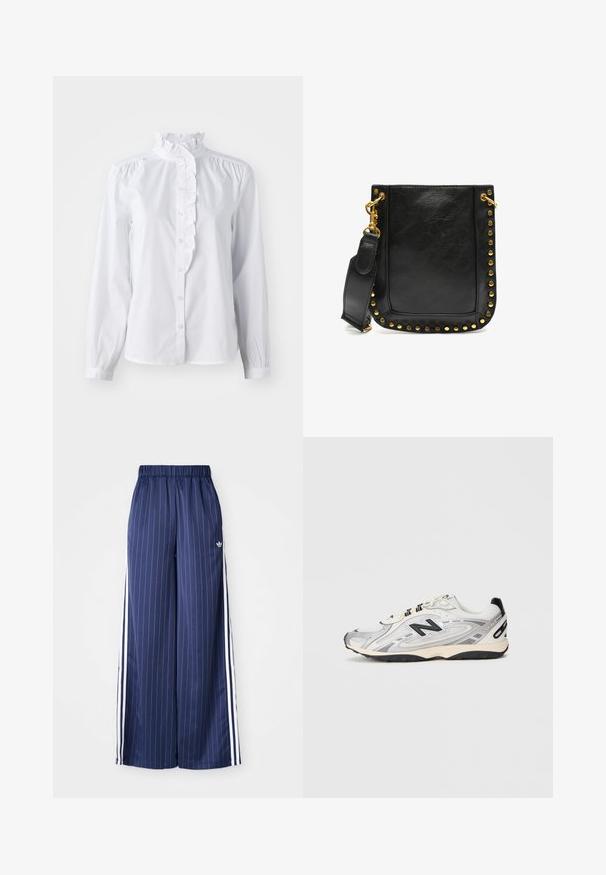 Brown faux fur jacket with a collar, featuring a zip closure and a speckled black pattern. Cropped design and long sleeves.; White button-up shirt with long sleeves, frilled high collar, and vertical ruffle accent down the front. Lightweight cotton fabric.; Navy blue wide-leg pants with vertical white stripes, elastic waistband, and three white stripes along each side, made from a lightweight material.; Gray and white athletic shoe with a rounded toe, mesh and synthetic materials, black accents, and a textured rubber sole.; Black leather handbag featuring gold studs along the edges, a flat shape, and an adjustable strap with a gold hardware clasp.