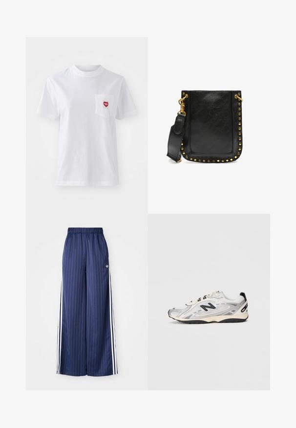 Brown faux fur jacket with a collar, featuring a zip closure and a speckled black pattern. Cropped design and long sleeves.; White short-sleeve t-shirt made of cotton, featuring a small red heart-shaped pocket design with "Carhartt WIP" text. Smooth texture.; Navy blue wide-leg pants with vertical white stripes, elastic waistband, and three white stripes along each side, made from a lightweight material.; Gray and white athletic shoe with a rounded toe, mesh and synthetic materials, black accents, and a textured rubber sole.; Black leather handbag featuring gold studs along the edges, a flat shape, and an adjustable strap with a gold hardware clasp.