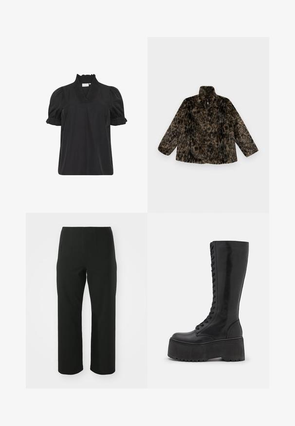 Kabát z umělé kožešiny s zipem v hnědo-černém leopardím vzoru; má vysoký límec a volný střih s dlouhými, širokými rukávy.; Černý bavlněný top s volánovým výstřihem, krátkými nabíranými rukávy a jemným texturovaným detailem na límci. Jednoduchý a klasický design.; Vero Moda Curve VMCAUGUSTA PANT - Kalhoty - black; Zign LEATHER - Šněrovací vysoké boty - black