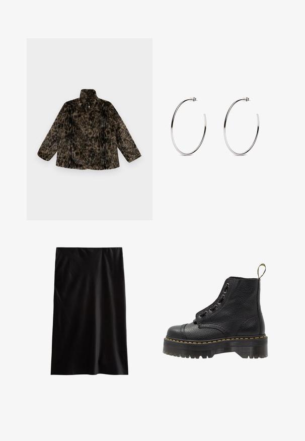 Chaqueta de felpa sintética con cremallera en estampado de leopardo marrón y negro; presenta un cuello alto y un corte holgado con mangas largas y anchas.; Tres camisetas de manga larga en negro, gris y blanco, con cuello en V y un diseño corto. Están hechas de una tela suave y ligera.; Falda lápiz negra hecha de un tejido suave y ligero. Presenta un corte recto y un diseño simple y sin adornos, sin patrones visibles ni elementos metálicos.; Botín negro de cuero con superficie texturizada, punta redonda, diseño de cordones, costuras amarillas y una gruesa suela de plataforma negra estriada.; Pendientes de aro de plata con un diseño minimalista, que presentan una forma circular y suave, con un acabado pulido, asegurados con un cierre de poste.