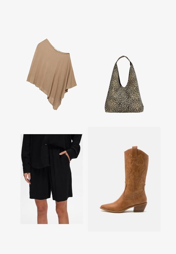 Poncho de culoare maro deschis, cu croi lejer, realizat dintr-un material moale. Are un decolteu larg și un tiv asimetric pentru o formă fluidă.; Top croptop negru, fără mâneci, fabricat dintr-un material neted. Dispune de bretele subțiri tip spaghetti și un decolteu rotund, având un design ajustat.; Shorts negri, cu croi lejer, fabricate dintr-un material moale, cu talie elastică și buzunare laterale; asortați cu o cămașă cu butoni, pe aceeași nuanță.; Botă de cowboy din piele maro cu vârf ascuțit, cu modele brodate în spirală pe tambur și un toc bloc stratificat. Are o bucată pentru prindere pentru a fi îmbrăcată ușor.; PULL&BEAR Geantă de pânză - mottled dark brown