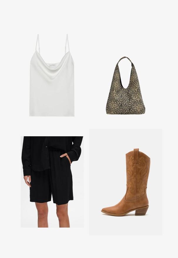 Ljust brunt, löst sittande poncho gjort av mjukt tyg. Har en vid halsringning och asymmetrisk fåll för en flödande form.; Vit satin cami med draperad halsringning, tunna justerbara axelremmar och rak fåll. Etiketten "ANNA FIELD" är synlig inuti.; Svarta shorts med avslappnad passform, tillverkade av mjukt tyg med elastisk midja och sidofickor; matchas med en skjorta med knappar i samma färg.; Bruna lädercowboystövlar med spetsig tå, broderade virvelmönster på skaftet och en staplad blockklack. Har en dragflik för enkel påtagning.; PULL&BEAR Shoppingväska - mottled dark brown