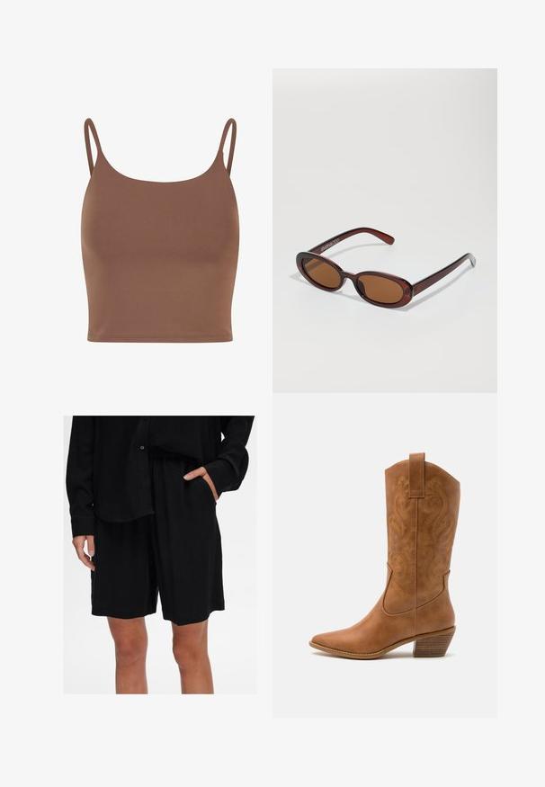Světle hnědý, volně padnoucí pončo vyrobené z měkké tkaniny. Má široký výstřih a asymetrický lem, což mu dodává volný tvar.; Hnědý crop top vyrobený z hladké látky s tenkými, nastavitelnými ramínky. Má zaoblený výstřih a přiléhavý střih.; Černé volné šortky vyrobené z měkké tkaniny s elastickým pasem a postranními kapsami; doplněné o odpovídající košili na knoflíky.; Hnědé kožené kovbojské boty s špičatou špičkou, vyšívanými spirálovými vzory na štítech a s blokovým podpatkem. Obsahují poutko pro snadné obouvání.; Kulaté sluneční brýle hnědé barvy s lesklým burgundským rámem. Úzké nožičky s jemným logem. Rovné čočky.; PULL&BEAR Velká kabelka - mottled dark brown