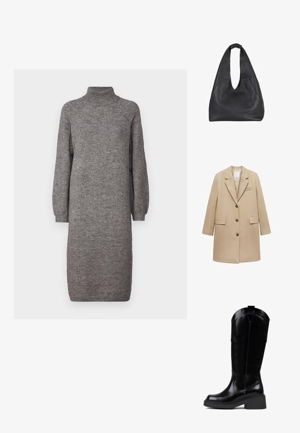 Bež plašč z dvema gumboma in zareznim ovratnikom, dvema sprednjima žepoma in enim žepom na prsih. Gladek material s strukturirano silhueto.; Siva pletena obleka z visokim ovratnikom, ohlapnimi dolgimi rokavi in ravnim krojem. Narejena iz mehkega, strukturiranega blaga, sega do sredine meč.; Bronx DAFF - Škornji v kavbojskem/motorističnem slogu - black; Črna usnjena hobo torba s sproščenim dizajnom, ki se ponaša z nabranim zgornjim ročajem, stranskimi šivi in gladkim teksturiranim zaključkom.