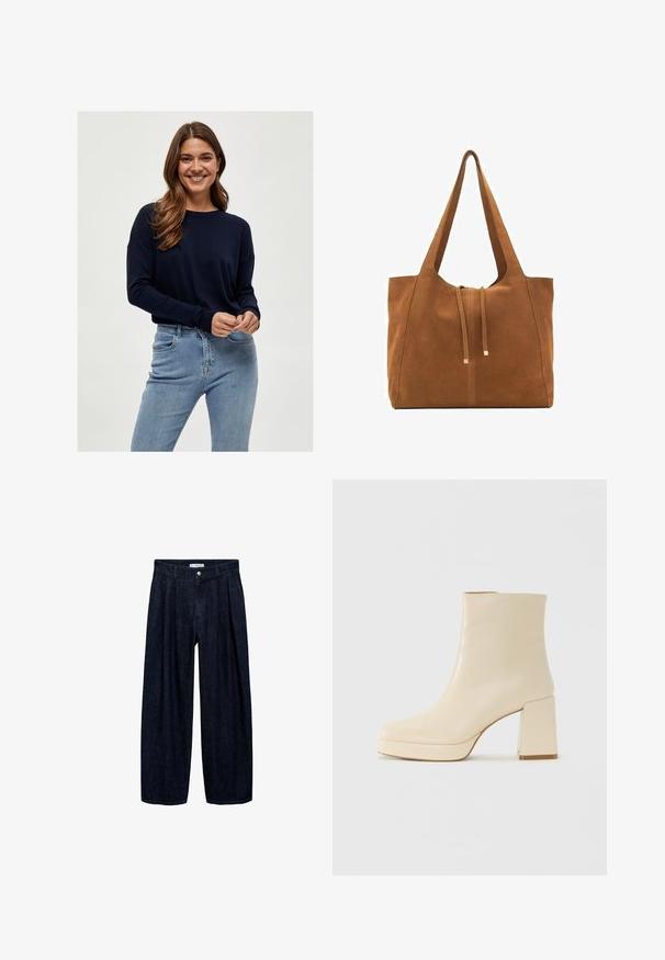 Béžový kabát na dva gombíky s klopovým límcom, dvomi prednými vreckami a jedným náprsním vreckom. Hladká tkanina so štruktúrovanou siluetou.; Námornícky pletený sveter s dlhými rukávmi a okrúhlym výstrihom, v kombinácii s svetlomodrými priliehavými džínsami. Mäkkučká textúra a uvoľnený strih.; Tmavé džínsy s širokými nohavicami a pregibmi v páse, s predným gombíkom a pútkami na opasok. Hladká textúra a celodlhý strih.; Béžová kožená členková obuv s blokovým podpätkom a platformou, hladký povrch a mierne štvorcová špička, orientovaná doľava na bielom pozadí.; Hnedá semišová taška cez rameno s dvoma dlhými popruhmi, sťahovacou šnúrkou a minimalistickým dizajnom. Hladký povrch a žiadne viditeľné kovové doplnky.