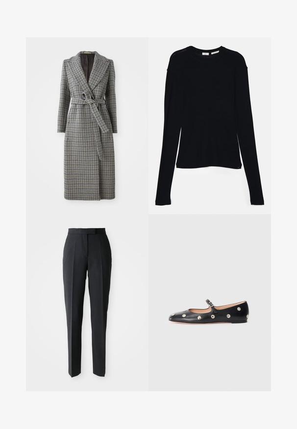Hosszú, dupla gombolású kabát kék és barna hounds-tooth mintázattal, derékon övvel, hajtókás gallérral és hosszú ujjal.; Fekete, hosszú ujjú felső, puha szövetből készült, kerek nyakkivágással és laza szabással, az alján oldalhasítékokkal a mozgás könnyítése érdekében.; Fekete, testre szabott, egyenes lábú nadrág magas derekú és elöl hajtott redőkkel, világos egyszínű háttér előtt bemutatva.; Fekete bőr Mary Jane lapossarkú cipő, lekerekített orral, ezüst színű kör alakú szegecsekkel és állítható pánttal, csattal.