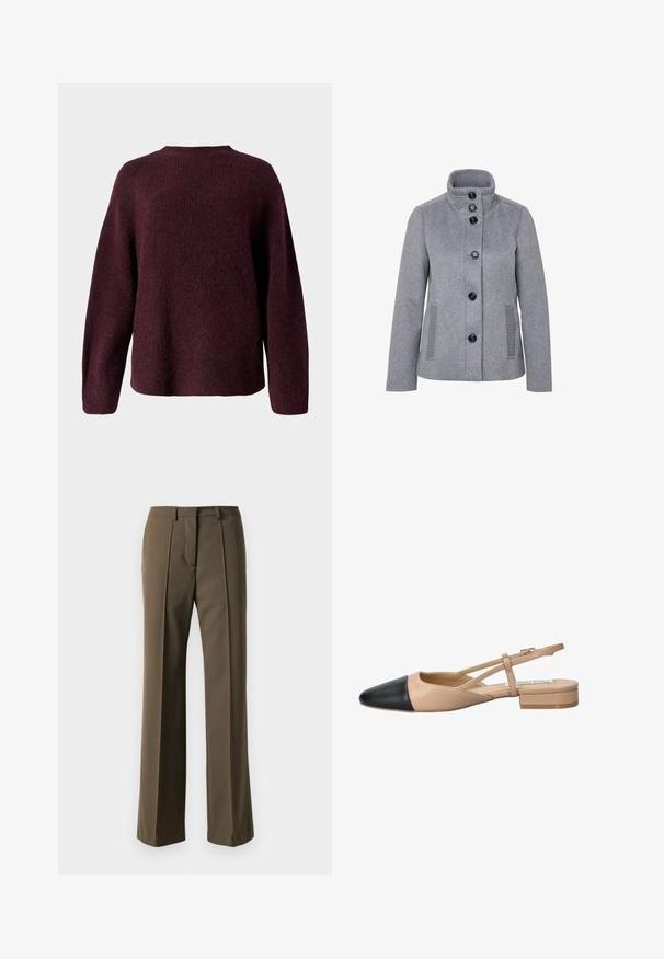 Sivá vlnená bunda so zmesou materiálu s vysokým golierom, piatimi čiernymi gombíkmi, bočnými vreckami a rebrovanými detailmi na golieri a vreckách.; Burgundské pletené svetlo s okrúhlym výstrihom, dlhými rukávmi a voľným strihom s jemným, textúrovaným povrchom.; Hnedé dokonale strihané nohavice so rovný fit, skladaným predným dielom a klasickým pásom. Vyrobené z hladkej tkaniny s jemným povrchovým spracovaním.; Bežovo-čierne dvojfarebné slingback topánky s špicatou špičkou, plochým podpätkom a prekríženými detailmi remienkov. Hladká kožená textúra.
