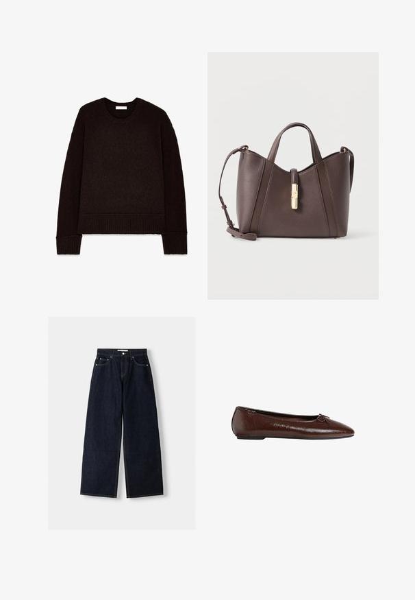 NA-KD Imitatieleren jas - burgundy; Donkerbruine gebreide trui met een ronde hals, lange mouwen en geribde manchetten en zoom. Zachte textuur met een ontspannen pasvorm.; Donkerblauwe denim wijduitlopende jeans met een hoge taille, vijf zakken, contrasterende stiksels en zilveren metalen hardware. Gladde textuur en een nette afwerking.; Bruine leren ballerina met een gladde textuur, puntige neus en een strikaccent aan de voorkant, voorzien van een lage zwarte rubberen zool.; Bruine leren handtas met gestructureerd ontwerp, dubbele korte handvatten en afneembare schouderriem. Voorzien van een goudkleurig sluitdetail.